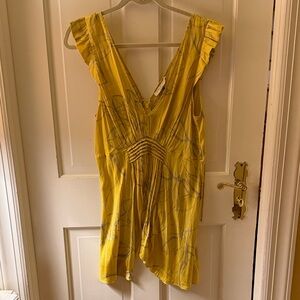 Halston Heritage Yellow V-Neck Dress with Gray Swirl Print